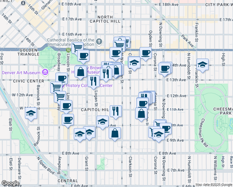 map of restaurants, bars, coffee shops, grocery stores, and more near in Denver