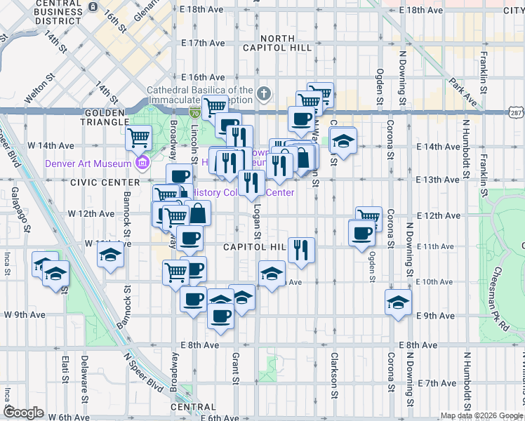 map of restaurants, bars, coffee shops, grocery stores, and more near in Denver