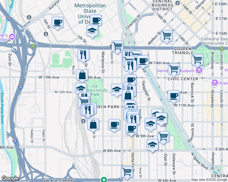 map of restaurants, bars, coffee shops, grocery stores, and more near 1157 Lipan Street in Denver