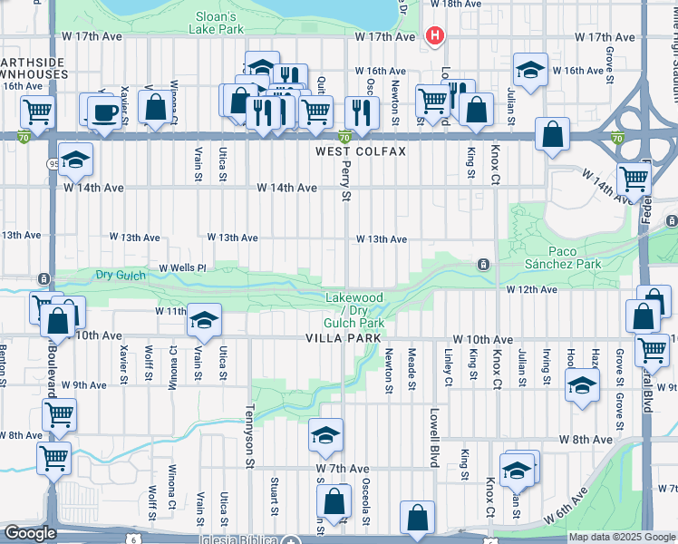 map of restaurants, bars, coffee shops, grocery stores, and more near 1200 Perry Street in Denver