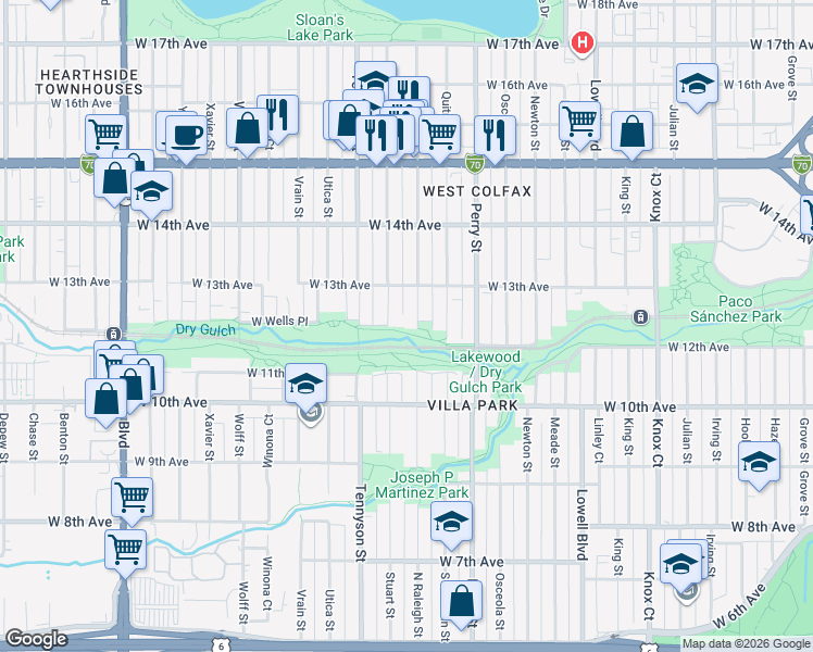 map of restaurants, bars, coffee shops, grocery stores, and more near 1201 Raleigh Street in Denver