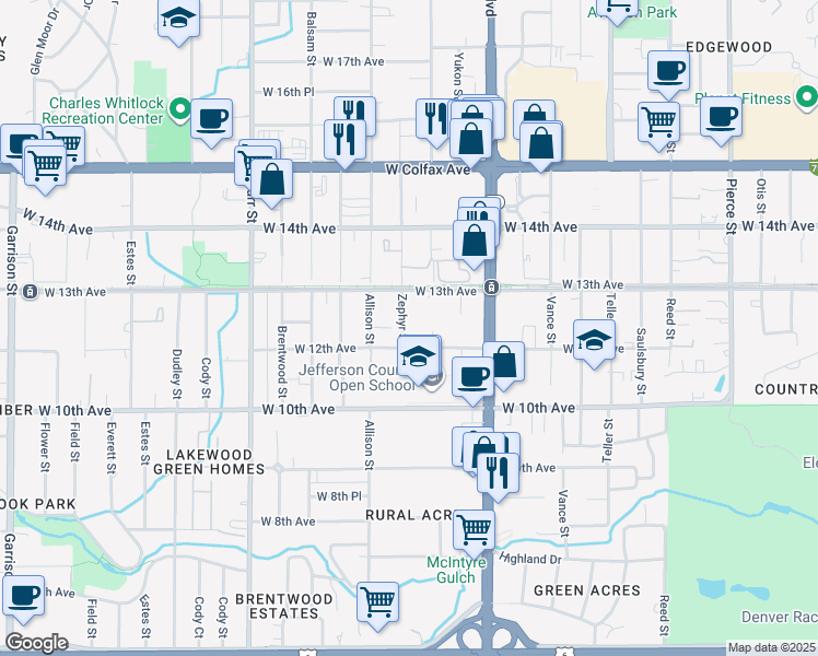 map of restaurants, bars, coffee shops, grocery stores, and more near 7895 West 12th Avenue in Lakewood
