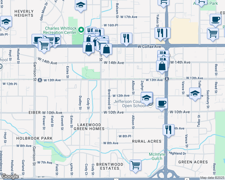 map of restaurants, bars, coffee shops, grocery stores, and more near 1201 Balsam Street in Lakewood