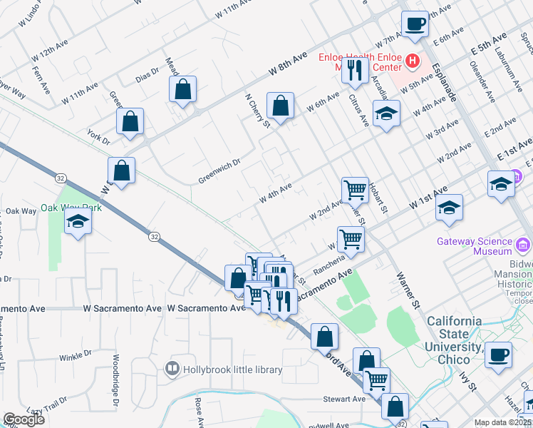map of restaurants, bars, coffee shops, grocery stores, and more near 842 West 2nd Avenue in Chico