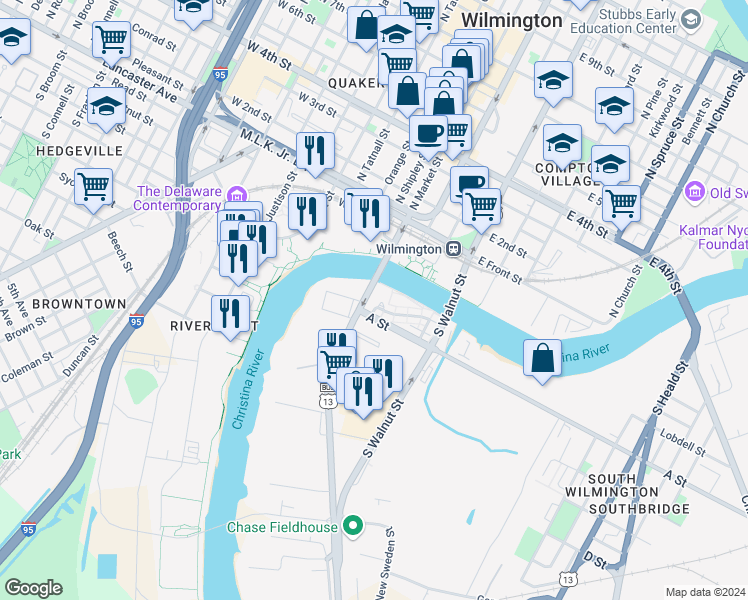 map of restaurants, bars, coffee shops, grocery stores, and more near in Wilmington