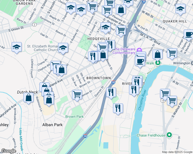 map of restaurants, bars, coffee shops, grocery stores, and more near in Wilmington