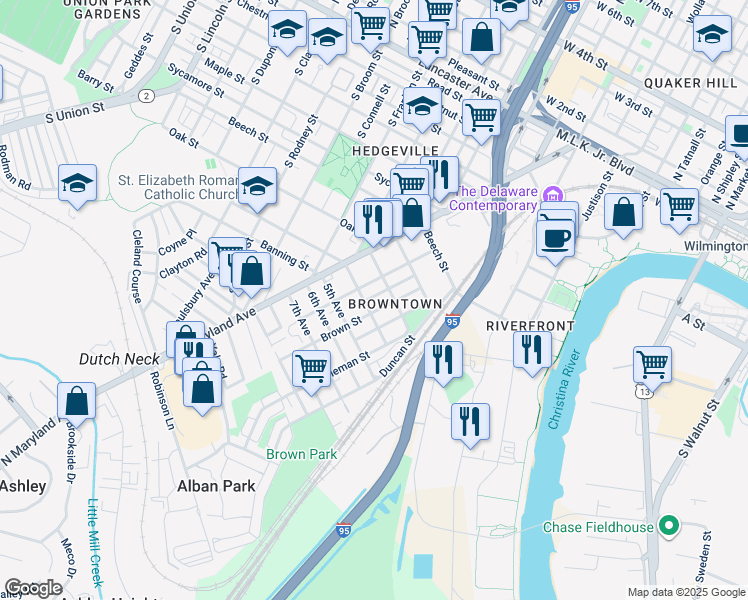map of restaurants, bars, coffee shops, grocery stores, and more near 916 Marshall Street in Wilmington