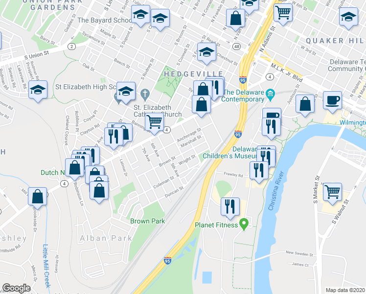 map of restaurants, bars, coffee shops, grocery stores, and more near 916 Marshall Street in Wilmington