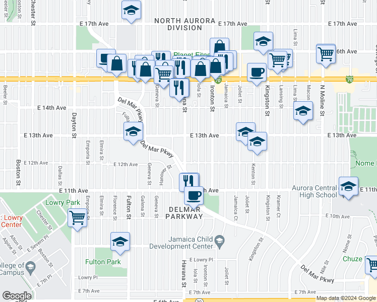 map of restaurants, bars, coffee shops, grocery stores, and more near 1244 Havana Street in Aurora