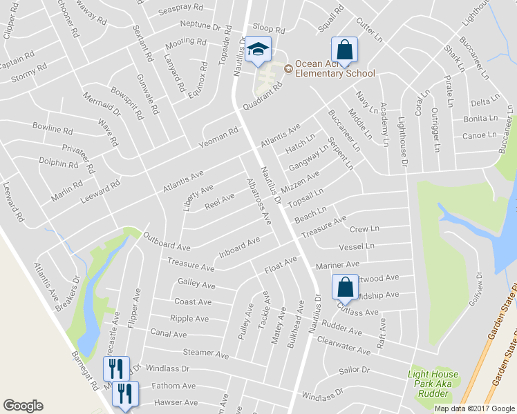 map of restaurants, bars, coffee shops, grocery stores, and more near 167 Mizzen Avenue in Stafford Township
