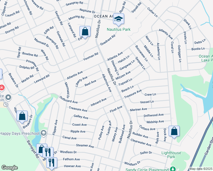 map of restaurants, bars, coffee shops, grocery stores, and more near 167 Mizzen Avenue in Stafford Township