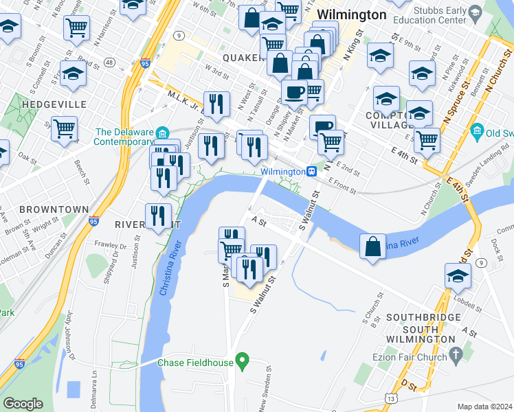 map of restaurants, bars, coffee shops, grocery stores, and more near in Wilmington