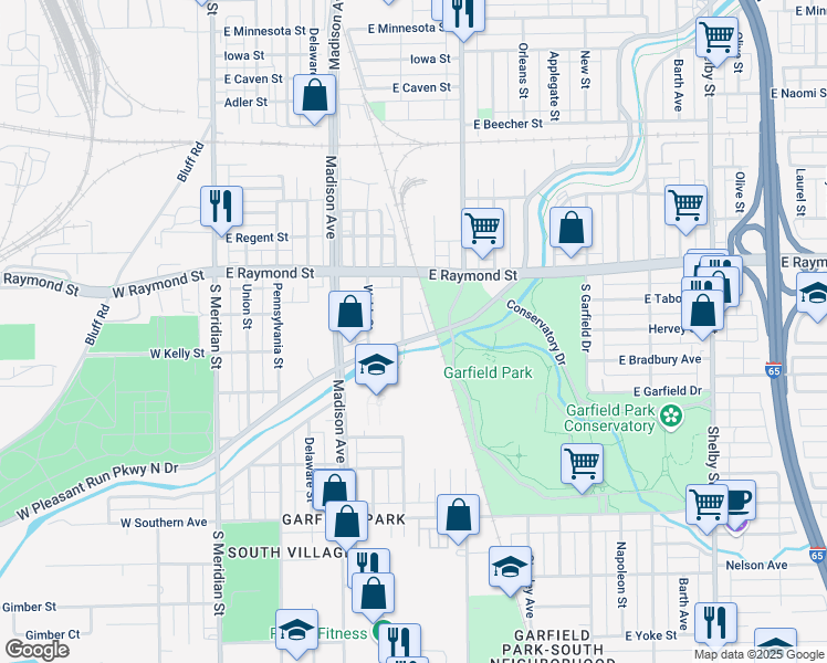 map of restaurants, bars, coffee shops, grocery stores, and more near 312 East Pleasant Run Parkway North Drive in Indianapolis