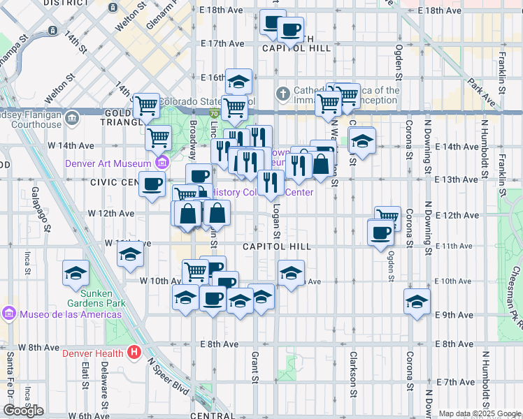 map of restaurants, bars, coffee shops, grocery stores, and more near 1200 Grant Street in Denver