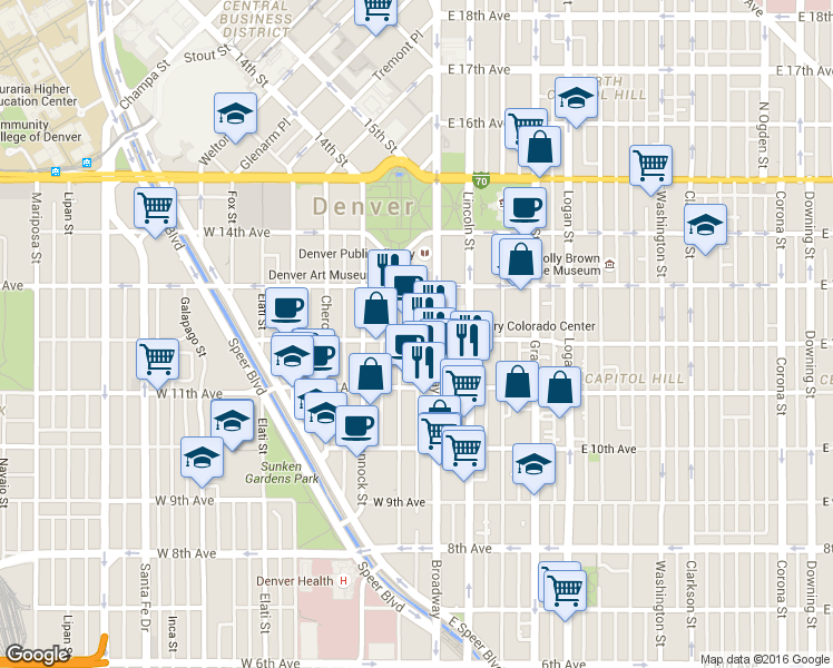 map of restaurants, bars, coffee shops, grocery stores, and more near 55 West 12th Avenue in Denver