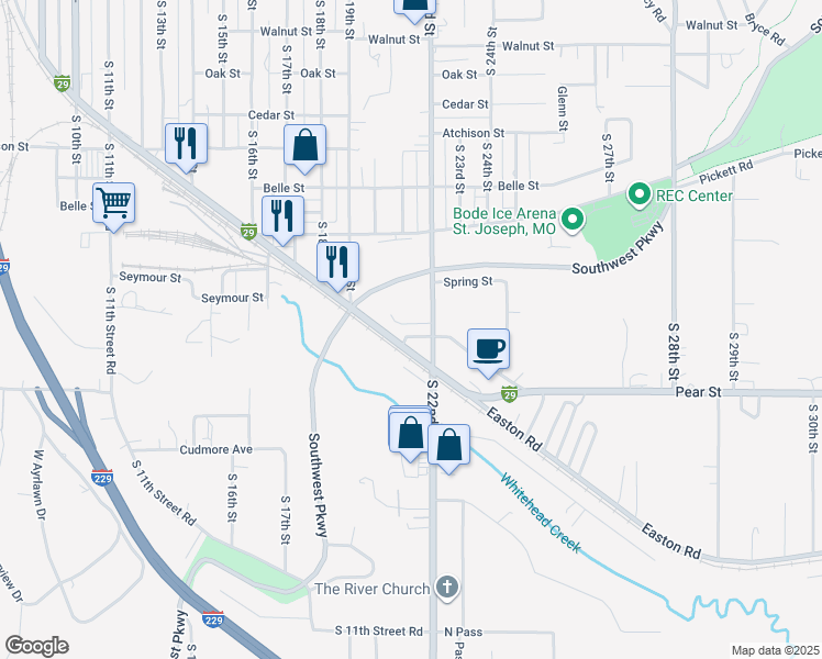 map of restaurants, bars, coffee shops, grocery stores, and more near 2115 Garfield Avenue in Saint Joseph
