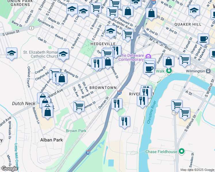 map of restaurants, bars, coffee shops, grocery stores, and more near 806 Brown Street in Wilmington