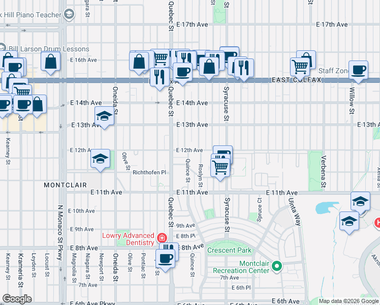 map of restaurants, bars, coffee shops, grocery stores, and more near 1188 Quince Street in Denver