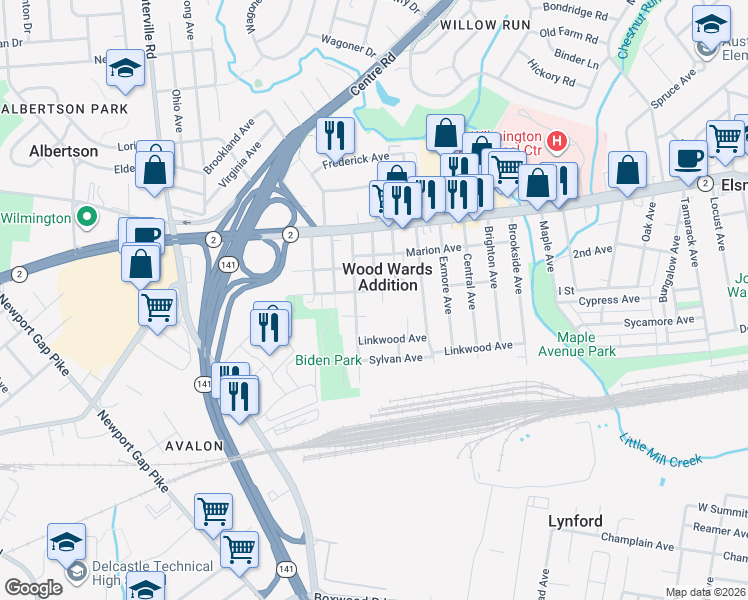 map of restaurants, bars, coffee shops, grocery stores, and more near 205 Frederick Lane in Wilmington