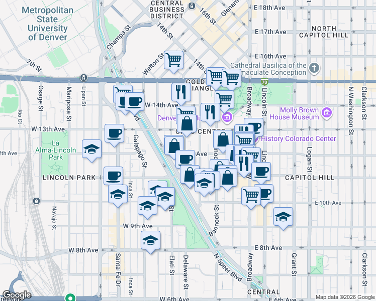 map of restaurants, bars, coffee shops, grocery stores, and more near 361 West 12th Avenue in Denver