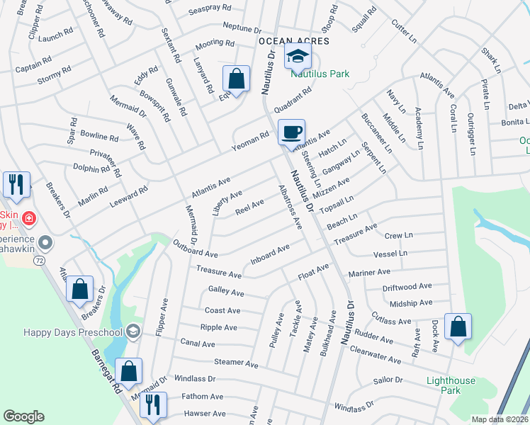 map of restaurants, bars, coffee shops, grocery stores, and more near 139 Mizzen Avenue in Stafford Township