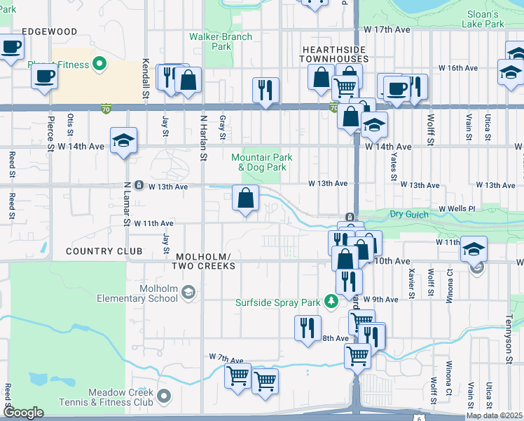 map of restaurants, bars, coffee shops, grocery stores, and more near 5575 West 11th Avenue in Lakewood