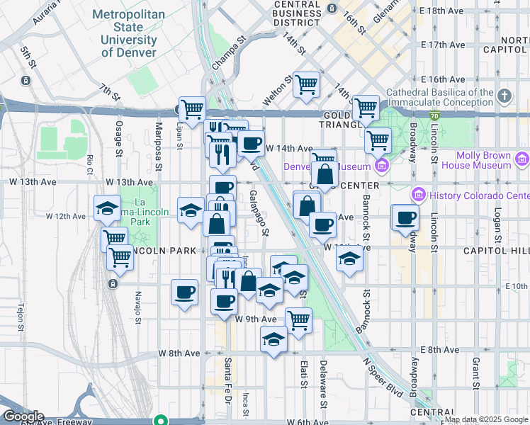map of restaurants, bars, coffee shops, grocery stores, and more near 1200 Galapago Street in Denver