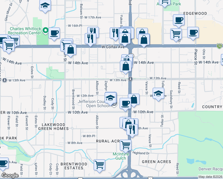 map of restaurants, bars, coffee shops, grocery stores, and more near 1205 Yarrow Street in Lakewood