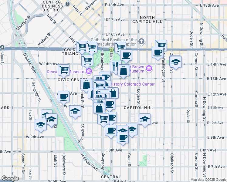 map of restaurants, bars, coffee shops, grocery stores, and more near 1200 Lincoln Street in Denver