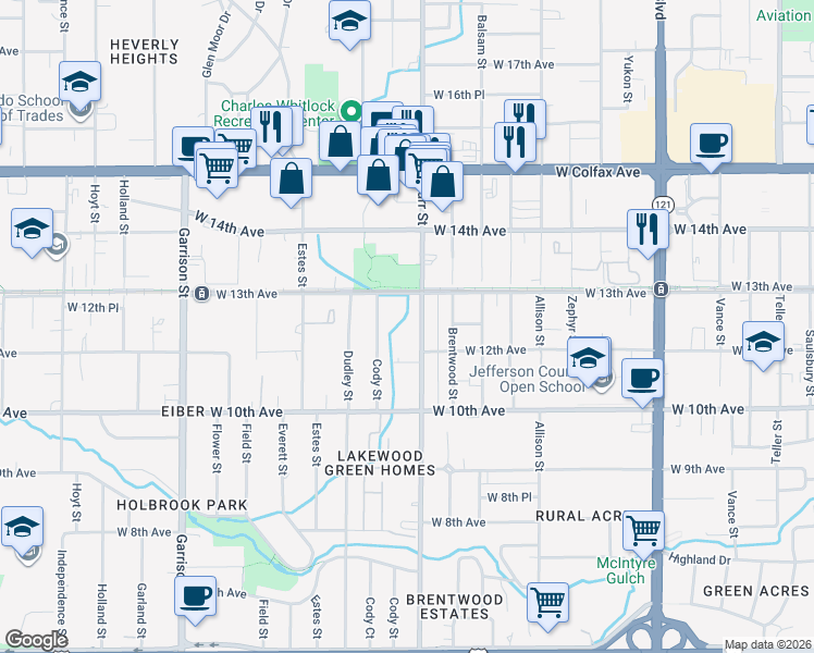 map of restaurants, bars, coffee shops, grocery stores, and more near 1107 Carr Street in Lakewood