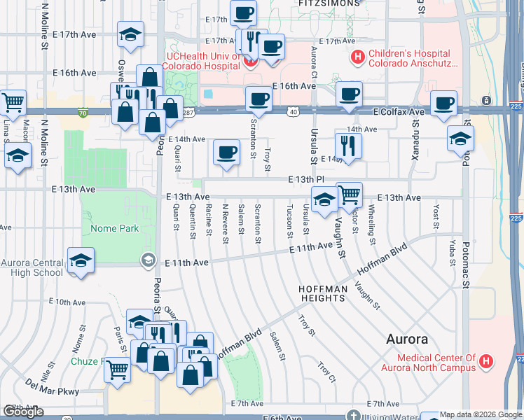 map of restaurants, bars, coffee shops, grocery stores, and more near 1220 Scranton Street in Aurora