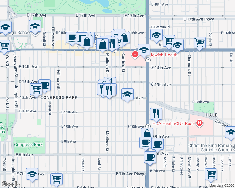map of restaurants, bars, coffee shops, grocery stores, and more near 3610 East 12th Avenue in Denver