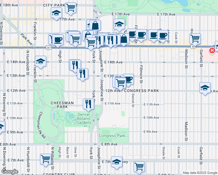 map of restaurants, bars, coffee shops, grocery stores, and more near 1165 Columbine Street in Denver