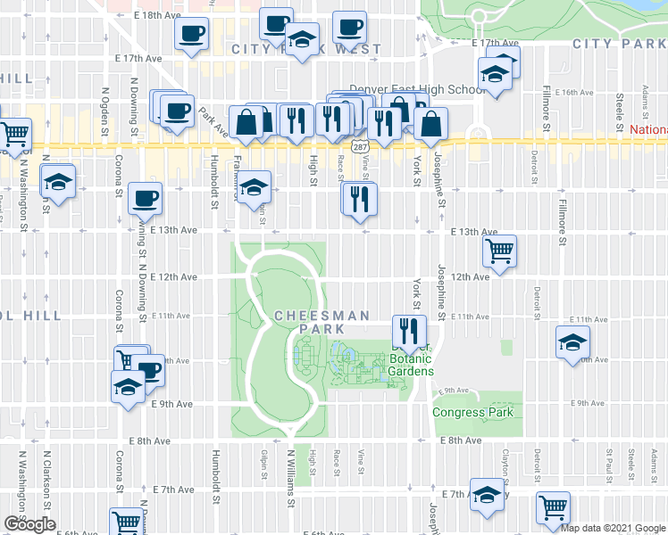 map of restaurants, bars, coffee shops, grocery stores, and more near in Denver