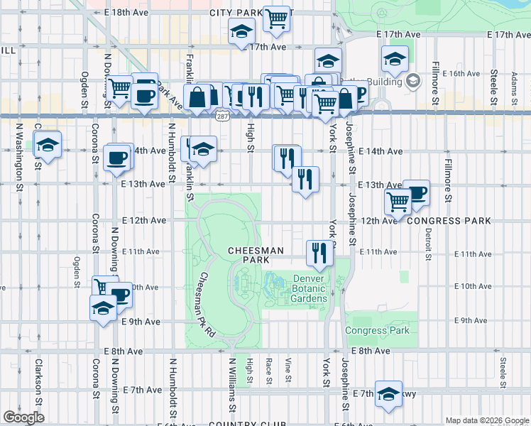 map of restaurants, bars, coffee shops, grocery stores, and more near in Denver