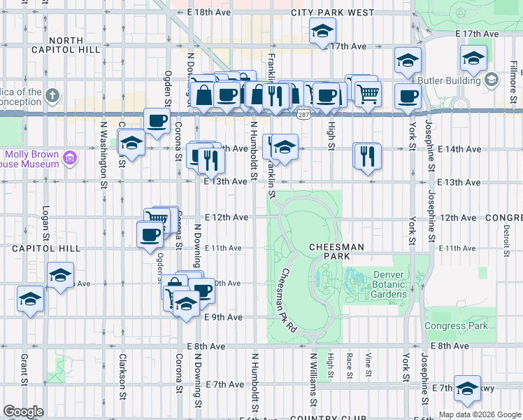 map of restaurants, bars, coffee shops, grocery stores, and more near in Denver