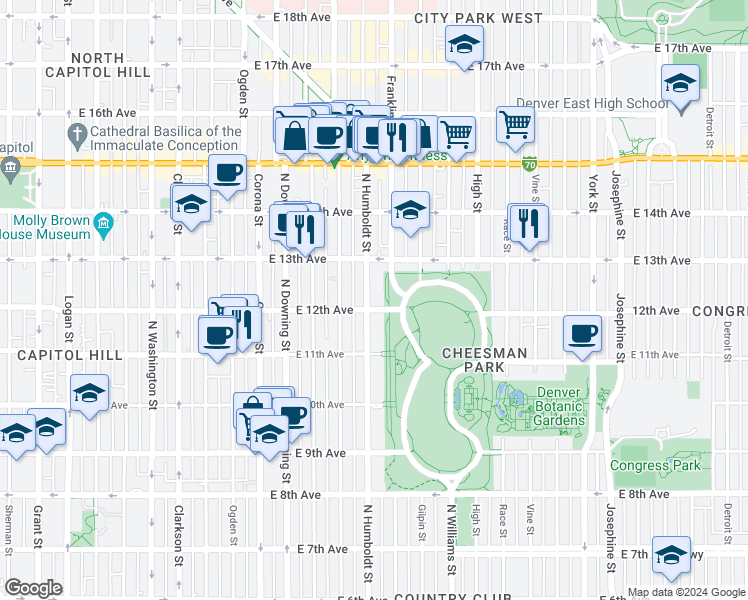 map of restaurants, bars, coffee shops, grocery stores, and more near in Denver