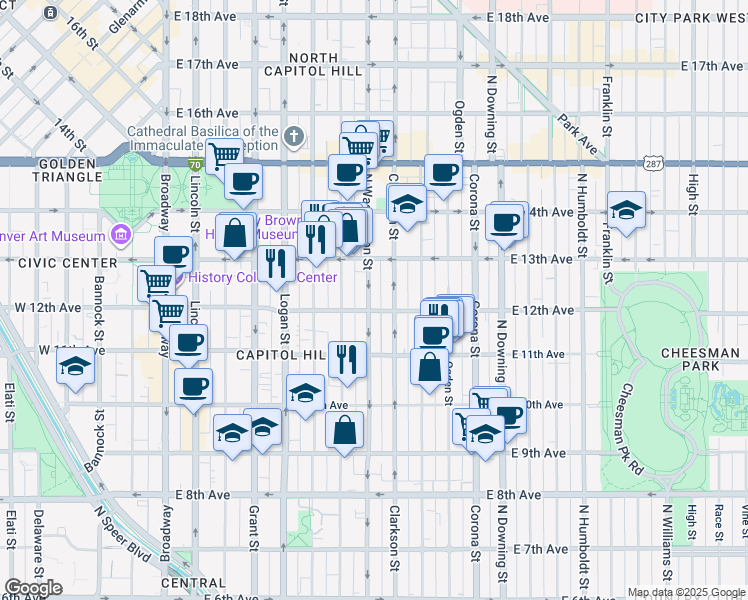 map of restaurants, bars, coffee shops, grocery stores, and more near in Denver