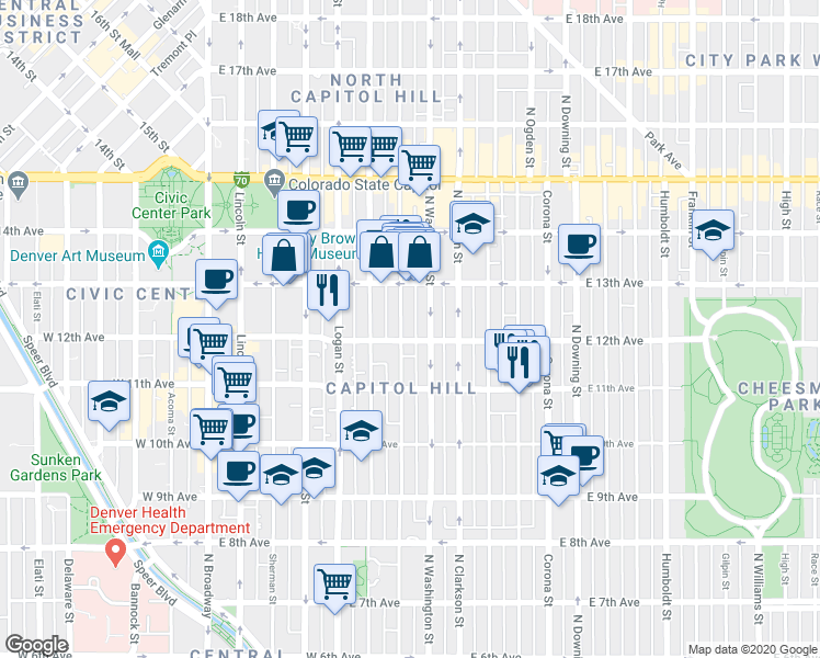 map of restaurants, bars, coffee shops, grocery stores, and more near in Denver