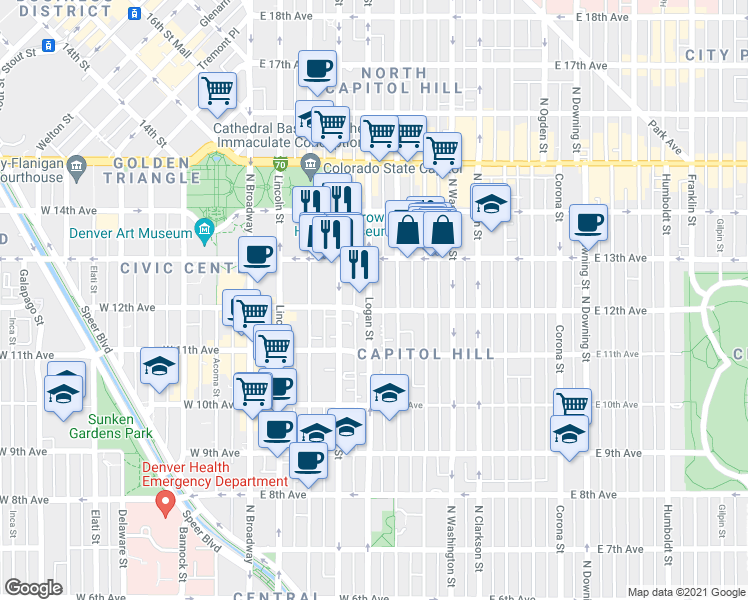 map of restaurants, bars, coffee shops, grocery stores, and more near in Denver