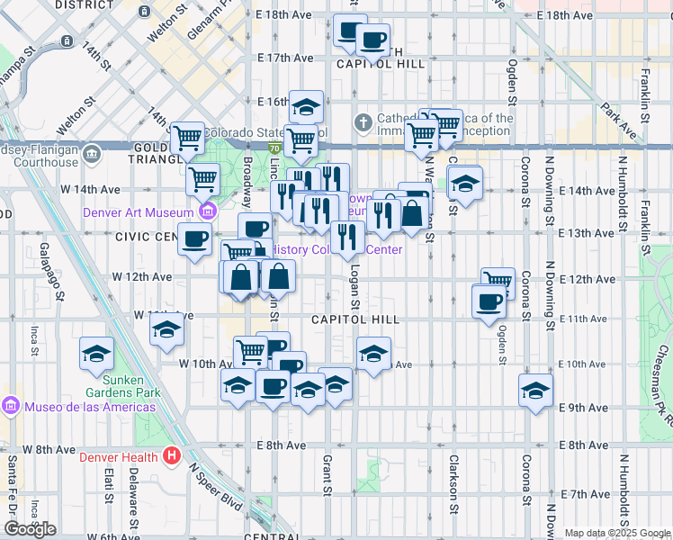 map of restaurants, bars, coffee shops, grocery stores, and more near 1196 Grant Street in Denver