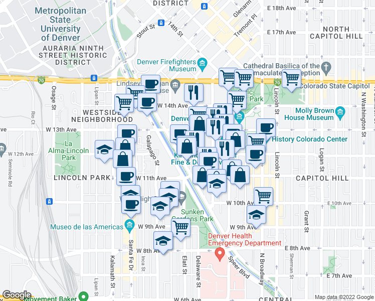 map of restaurants, bars, coffee shops, grocery stores, and more near in Denver