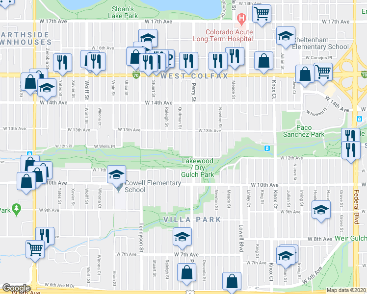map of restaurants, bars, coffee shops, grocery stores, and more near in Denver