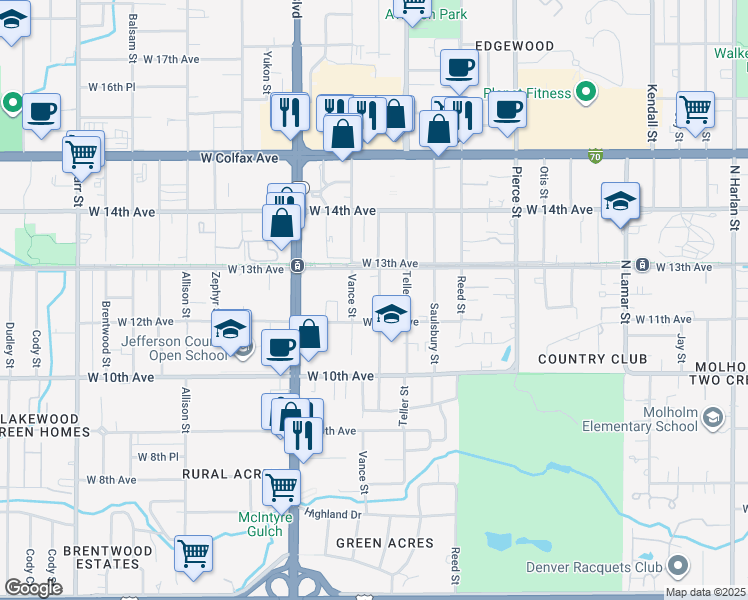 map of restaurants, bars, coffee shops, grocery stores, and more near 7301 West 12th Avenue in Lakewood