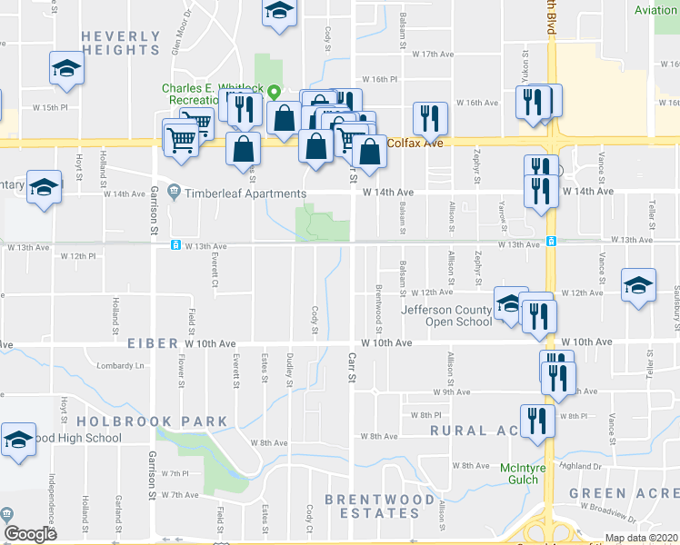 map of restaurants, bars, coffee shops, grocery stores, and more near 1107 Carr Street in Lakewood