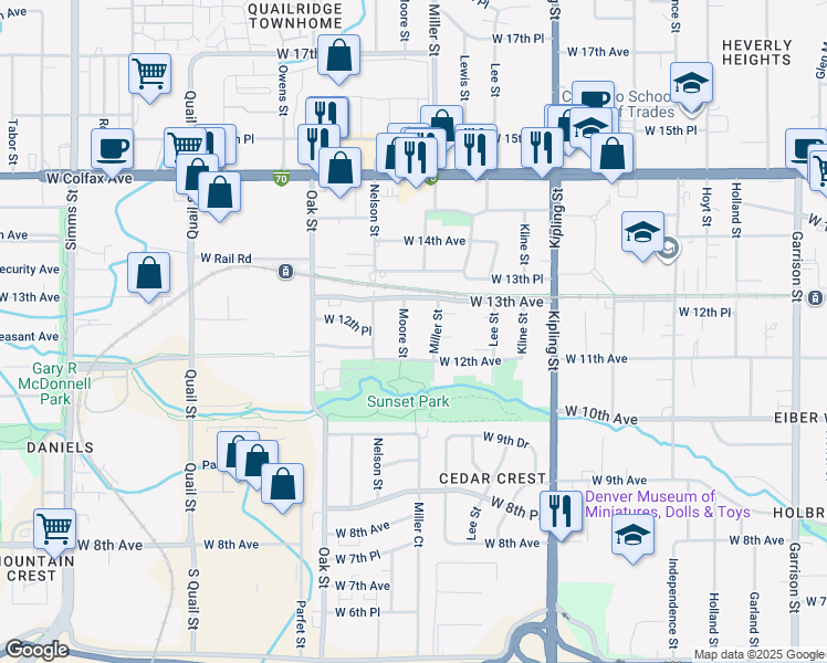map of restaurants, bars, coffee shops, grocery stores, and more near 1225 Moore Street in Lakewood