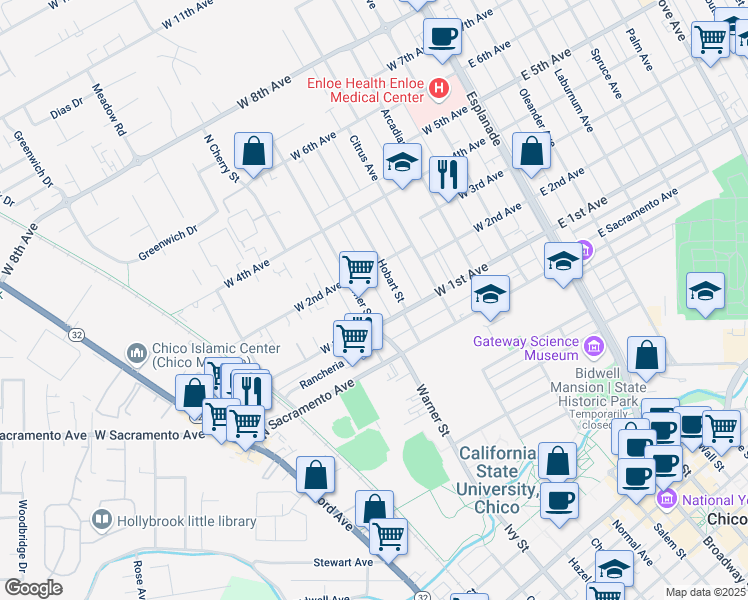 map of restaurants, bars, coffee shops, grocery stores, and more near 534 West 1st Avenue in Chico