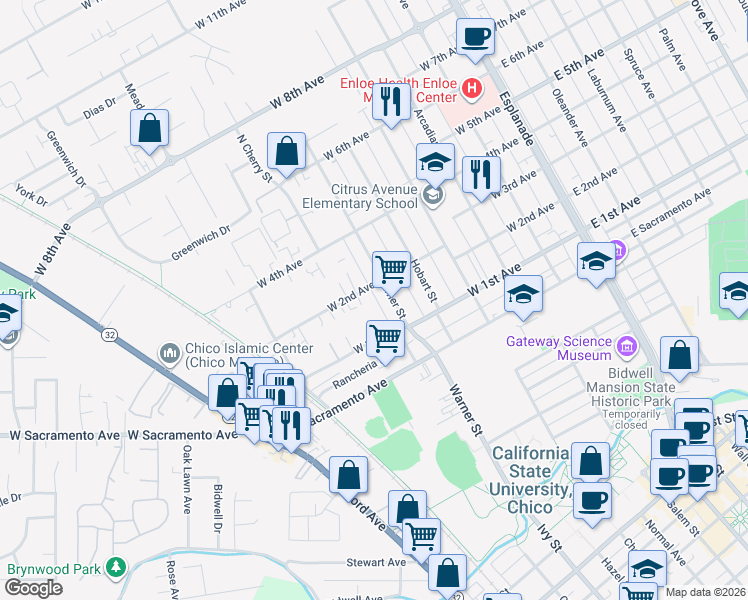 map of restaurants, bars, coffee shops, grocery stores, and more near 1145 Warner Street in Chico