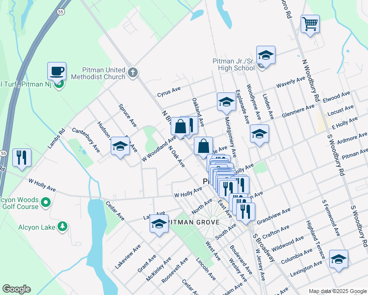 map of restaurants, bars, coffee shops, grocery stores, and more near 123 North Oak Avenue in Pitman