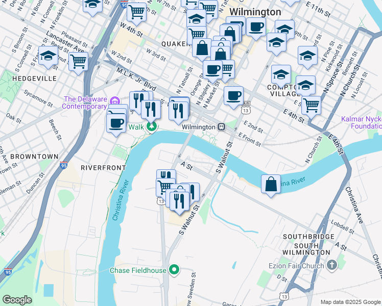 map of restaurants, bars, coffee shops, grocery stores, and more near 147 Christina Landing Drive in Wilmington